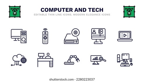 set of computer and tech thin line icons. computer and tech outline icons such as tv controller, dvd drive, video lecture, computer video, information network, information network, boss office,