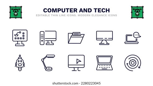 set of computer and tech thin line icons. computer and tech outline icons such as workstation, computer folder, televisions, online chat, robotics, robotics, study lamp, monitor, open laptop on,