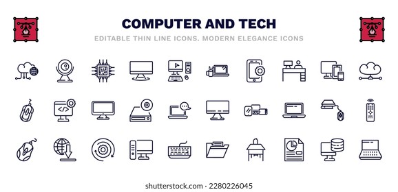 set of computer and tech thin line icons. computer and tech outline icons such as information network, computer chip, morning work, cloud network, tv screen, televisions, mouse device, workstation,