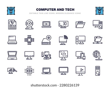 set of computer and tech thin line icons. computer and tech outline icons such as data page, computer video, folder, square chip, workstation, televisions, responsive de, micro chip, tv screen, pc