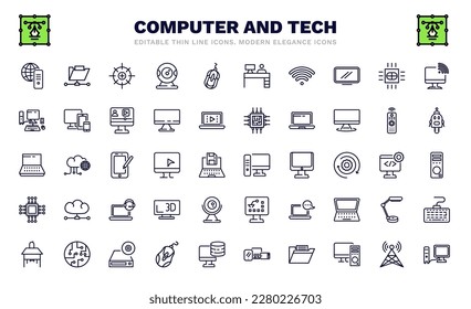 set of computer and tech thin line icons. computer and tech outline icons such as internet server, calibrate, wi fi, computer, widescreen laptop, workstation, square chip, school desk, work station