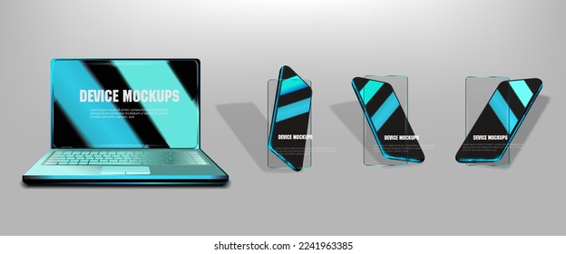 Set computer technology device and electronics. Realistic laptop and smartphone with black mirror screen and glare reflection. Presentation gadgets for UX design. Device mockups with isometric views