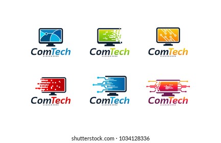 Set Of Computer Technology Logo Designs Concept, Fast Computer Logo Designs Concept Vector