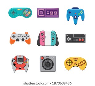 Set of computer video games colorful various joysticks or controllers, flat vector illustration isolated on white background. Game console remote controllers collection.