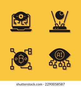 Set Computer vision, Blockchain technology Bitcoin and Hologram icon with long shadow. Vector