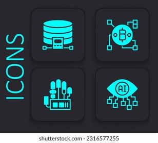 Set Computer vision, Cloud database, Blockchain technology Bitcoin and Mechanical robot hand icon. Black square button. Vector