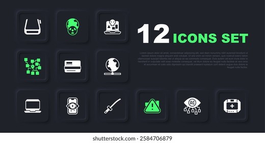 Set Computer vision, First aid kit, Credit card, Exclamation mark in triangle, Neural network, Planet earth and radiation and Katana icon. Vector