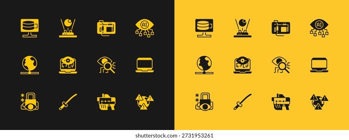 Set Computer Vision, Katana, Eye Scan, Futuristische Waffe, Motherboard, Cloud Datenbank und Hologramm Symbol. Vektorgrafik
