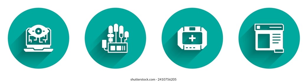 Set Computer vision, Mechanical robot hand, First aid kit and Browser window icon with long shadow. Vector