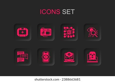 Establecer la visión de la computadora, la motherboard, el kit de primeros auxilios, el escaneo ocular, la lámpara de advertencia radiactiva, la red neural y el icono de chat de burbujas de voz. Vector