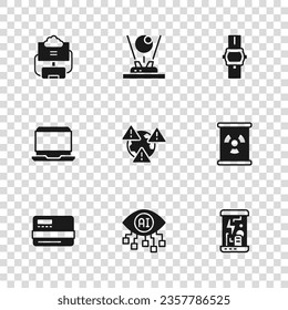 Set Computer vision, Radioactive waste in barrel, Cryogenic capsules, Earth with exclamation mark, Wrist watch, Cloud database, Hologram and Laptop icon. Vector