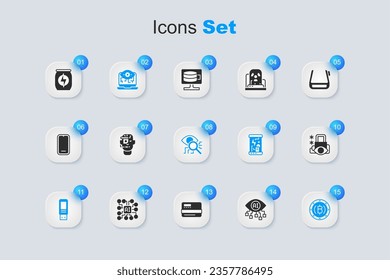 Set Computer vision, Smart glasses spectacles, USB flash drive, Cryptocurrency coin Bitcoin, Cyber security, Energy drink and Eye scan icon. Vector