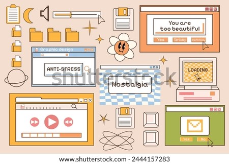 set of computer windows and stickers. Y2k retro style. Vector illustration. Groovy hippie elements. Interface. Desktop and folders. 2000s. Browser. Aesthetic design. Icons on pc aesthetic. Rave