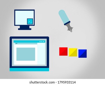 Set of computers and colors, creativity, on a gray background