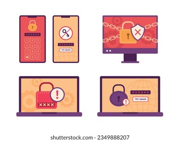 Set of Computers and Mobile Phones with Error Lock Screen Warning for Cyber Security Concept Illustration