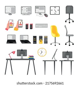 Set of computers, phone, speaker, office Desk video connection