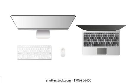 Set of computers top view. Desktop PC Open laptop. Isolated on a white background. Realistic. Vector.