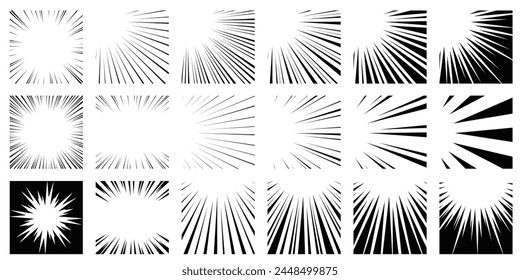 Satz von konzentrierten Linien von schwarzen Zeichentrickstil-Effektlinien