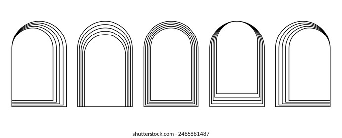 Satz konzentrischer Bogenrahmen, isoliert auf weißem Hintergrund. Geometrische Bogen-Formen im trendigen Bohemian oder Art Déco Stil. Türen oder Tore, Fenster oder Portale Rahmen. Grafik-Illustration der Vektorgrafik.