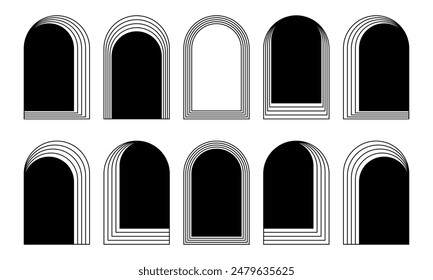 Conjunto de armazones concéntricos en estilo moderno y2k, art deco o bohemio. Formas de arco geométrico aisladas sobre fondo blanco. Siluetas de portal, puerta o ventana. Ilustración gráfica Vector.