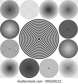 Set Of Concentric Circle Elements. Vector Illustration For Sound Wave. Black And White Color Ring. Circle Spin Target. Radio Station Signal. Center Minimal Radial Ripple Line Outline Abstractionism