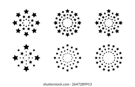 Conjunto de círculos concêntricos com bordas de estrela isoladas no fundo branco. Prêmio, sucesso ou impressão de prêmio. Coleção de modelos de emblema de anéis estrelados. Ilustração gráfica vetorial.