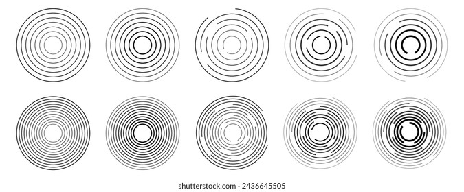 Set of concentric ripple circles vector set. Radial signal, sonar wave, soundwave icon