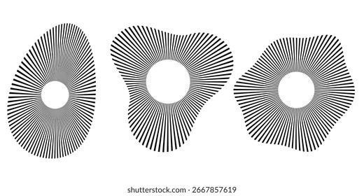 Conjunto de iconos de ondulación concéntrica con líneas rotas. Símbolos de ondas de audio Abstractas que muestran vibración, eco, señal de radio, pulso de volumen, efecto de radar y Elementos de pictogramas de sonido circular.