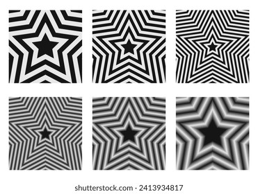 Set of concentric stars backgrounds. Trendy y2k patterns in black and white colors. Groovy psychedelic wallpaper designs. Aesthetic posters with hypnotic effects. Vector graphic illustration