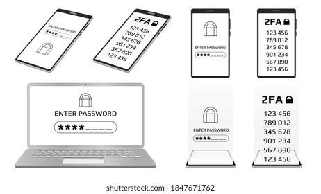 Set of concept of 2FA two-factor authentication and Enter password concept on laptop and smartphone screen. Protecting your money with codes on a smartphone. Vector illustration.