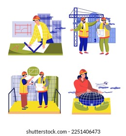 Set concept Architects with people scene in the flat cartoon design. Architects will develop plans and design of buildings. Vector illustration.