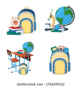 Conjunto de conceptos de vuelta al icono escolar, escritorio con mochila, libro de texto, globo y material de capacitación para el estudio aislado en la ilustración blanca, cartoon vectorial. Suministros y equipos escolares.