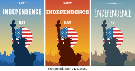 Set concept banner with national flag colors for Independence Day USA. American background for greeting card with silhouette of the Statue of Liberty and evening city skyline.