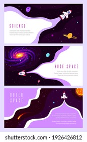 Set of Concept Banner Templates. Outer Space, Science, Astronomy and Astrophysich. Flat Style Vector Illustration