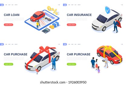 Set of concept banners for auto insurance, car loan and car purchase. Flat vector isometric illustration.