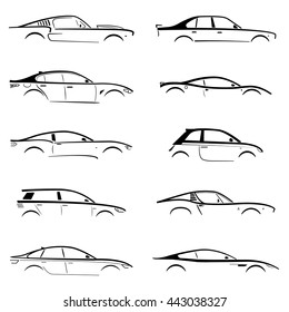 Set concept black car silhouette on white background. Vector collection. 