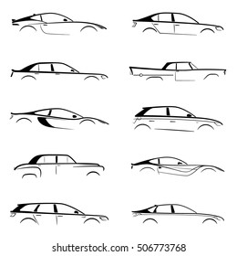 Set concept black car silhouette on white background. Vector collection.