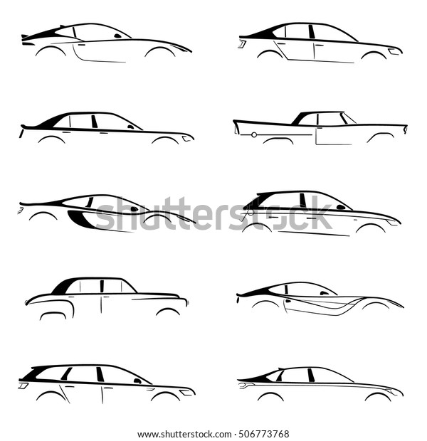 Set concept black car silhouette on white\
background. Vector\
collection.