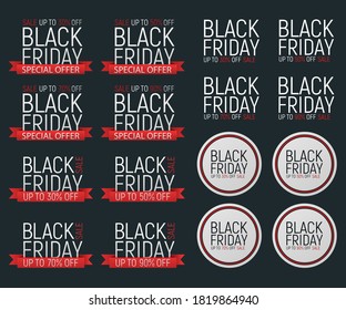 Juego de concepto banner y volante de evento de viernes negro, gran venta de la ilustración del vector de texto del aclaramiento. Diseñar la etiqueta de promoción de cierre de publicidad, día de compras de temporada.