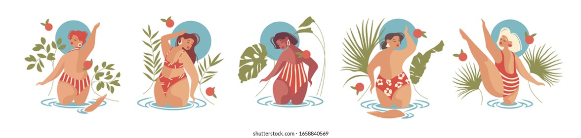 Set. Concept of body positive. Happy plus size curved girls. Healthy lifestyle. Group of women in the world. Caucasian, afro-american, asian,spaniard, italian,  swede. Flat cartoon vector illustration