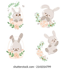 Set of concept bunny easter card with green leaf, cute spring religious holiday rabbit, cartoon hare doodle vector illustration, isolated on white. Happy childhood time, flat decoration kindergarten.