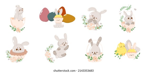 Set of concept bunny easter card with green leaf, cute spring religious holiday, chick rabbit cartoon doodle vector illustration, isolated on white. Happy childhood time, flat decoration kindergarten.