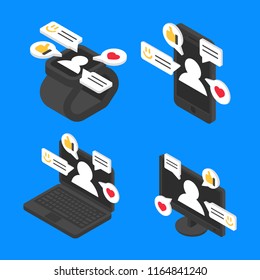 Set concept chat message isometric. Vector social communication internet design
