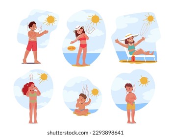 Set Concept of Children's Skin Sunburn Cause Redness, Pain, And Blisters due to Overexposure To The Sun's Harmful Uv Rays And Can Be Prevented By Using Sunscreen. Cartoon People Vector Illustration