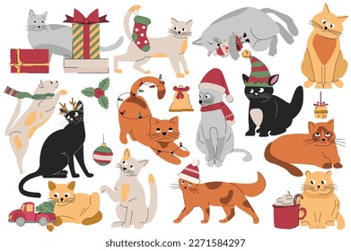 Set concept Christmas cats without people scene in the flat cartoon style. Different cute cats are playing with Christmas decorations. Vector illustration.