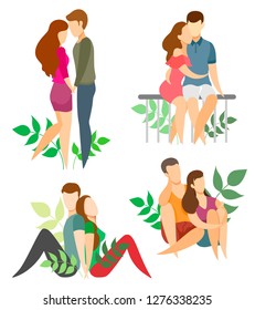Set concept of couples in love with deco leaves. Cartoon characters. Vector illustration