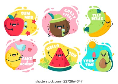 Set concept Cute Summer Fruits With Motivational Text without people scene in the flat cartoon design. Funny pictures of summer fruits. Vector illustration.