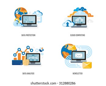 Conjunto de conceptos para protección de datos, computación en la nube, análisis de datos y boletín informativo. Diseño plano. Ilustración vectorial.