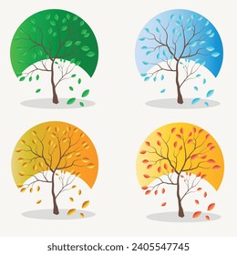 Set for concept design. Beautiful illustration of a set of four trees with foliage. Ecology concept. Cartoon poster with green trees spring summer autumn winter.