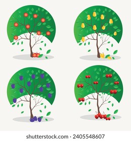 Set for concept design. Beautiful illustration of a set of four trees with foliage. Ecology concept. Cartoon poster with green trees spring summer autumn winter.